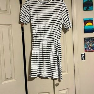 White and navy blue striped dress